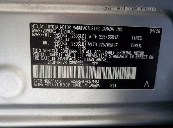 2T3P1RFV8LC090955 2020 TOYOTA RAV4 Серебряный Панорамный вид салона 360°