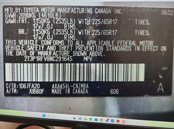 2T3P1RFV8NC291645 2022 TOYOTA RAV4 Gray 360 interior view