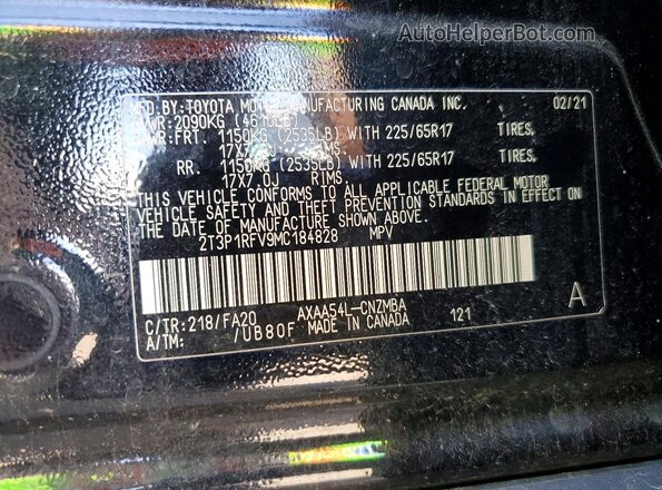 2T3P1RFV9MC184828 2021 TOYOTA RAV4 Черный Вид наклейки с VIN-кодом