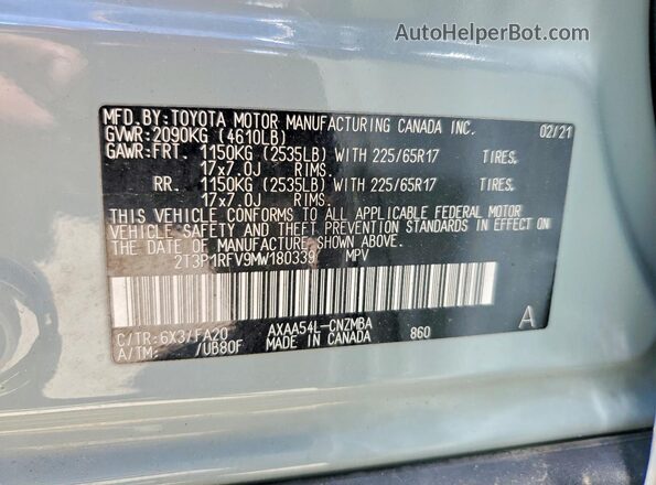 2T3P1RFV9MW180339 2021 TOYOTA RAV4 Silver Vista de la etiqueta del VIN