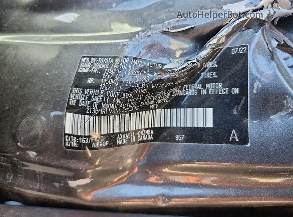 2T3P1RFV9NC295915 2022 TOYOTA RAV4 Gray Vista de la etiqueta del VIN
