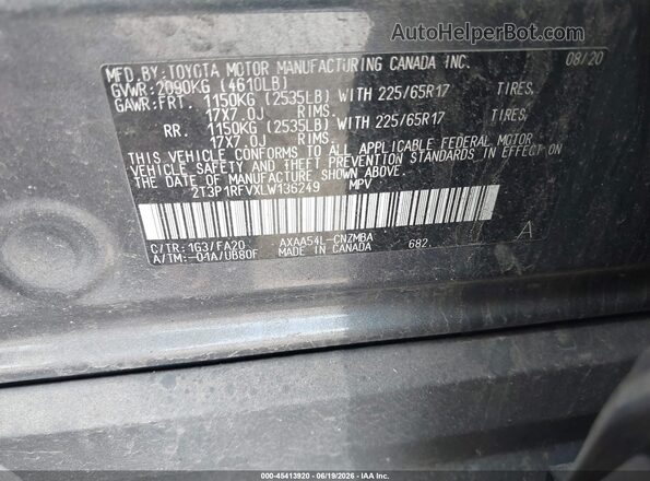 2T3P1RFVXLW136249 2020 TOYOTA RAV4 Gray Engine compartment view