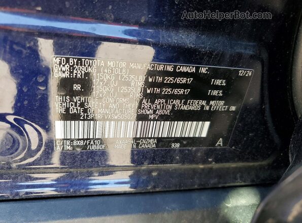 2T3P1RFVXSW505027 2025 TOYOTA RAV4 Blue VIN կոդի պիտակի տեսք