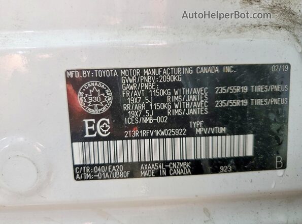 2T3R1RFV1KW025922 2019 TOYOTA RAV4 White Vista de la etiqueta del VIN