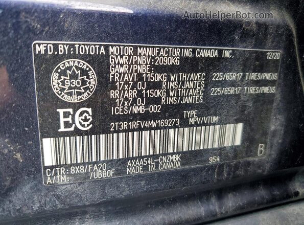 2T3R1RFV4MW169273 2021 TOYOTA RAV4 Blue VIN կոդի պիտակի տեսք
