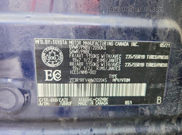 2T3R1RFV4MW202045 2021 TOYOTA RAV4 Blue Շարժիչի բաժամունքի տեսք