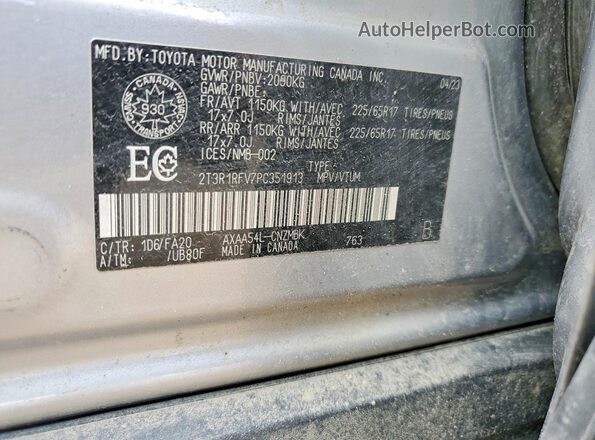 2T3R1RFV7PC351913 2023 TOYOTA RAV4 Silver Vista de la etiqueta del VIN