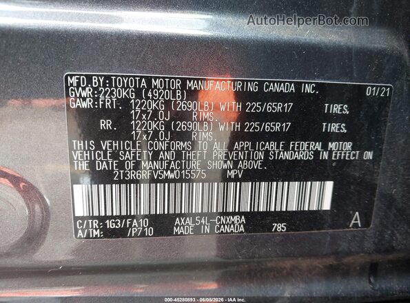2T3R6RFV5MW015575 2021 TOYOTA RAV4 HYBRID Gray Vista del compartimento del motor