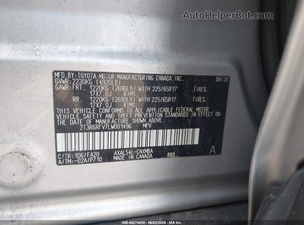 2T3R6RFV7LW001496 2020 TOYOTA RAV4 HYBRID Silver Widok komory silnika