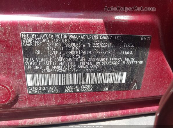 2T3R6RFVXMW016849 2021 TOYOTA RAV4 HYBRID Red Շարժիչի բաժամունքի տեսք