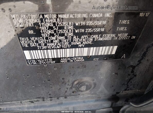 2T3RFREV0JW710317 2018 TOYOTA RAV4 Gray Widok komory silnika