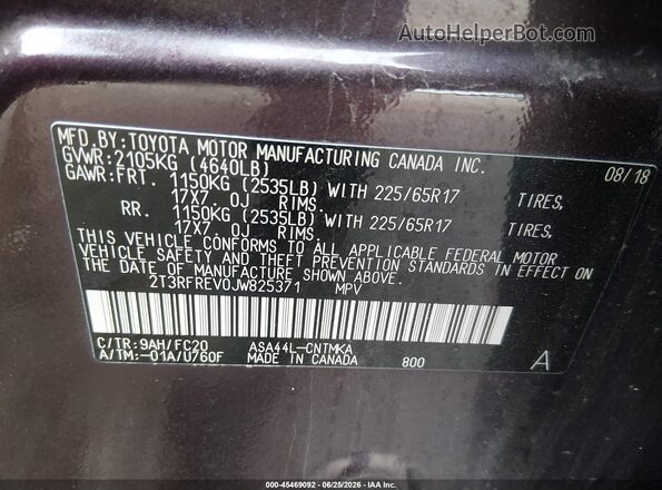 2T3RFREV0JW825371 2018 TOYOTA RAV4 Purple Вид підкапотного простору