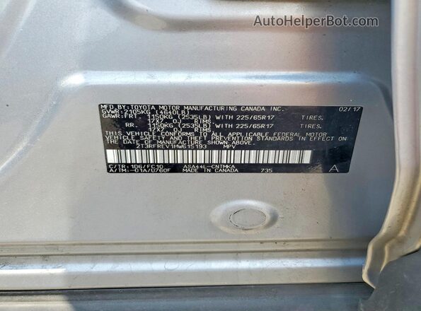 2T3RFREV1HW615193 2017 TOYOTA RAV4 Silver VIN sticker view