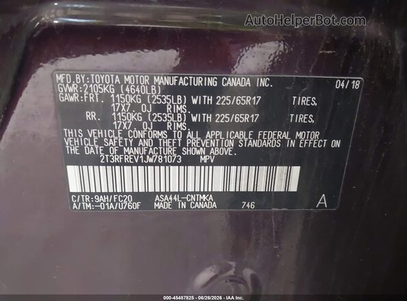 2T3RFREV1JW781073 2018 TOYOTA RAV4 Purple Вид підкапотного простору