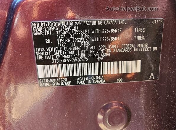 2T3RFREV2GW487478 2016 TOYOTA RAV4 Purple 