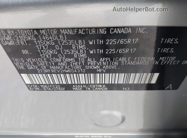 2T3RFREV2HW654312 2017 TOYOTA RAV4 Silver Engine compartment view