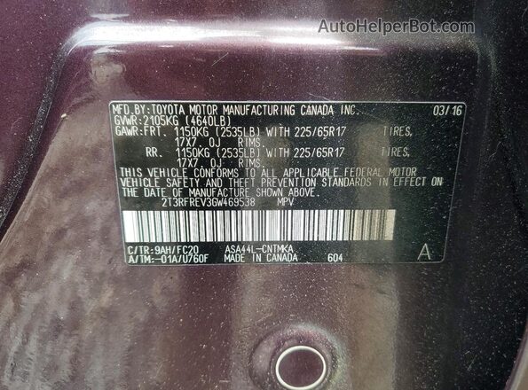 2T3RFREV3GW469538 2016 TOYOTA RAV4 Темно-бордовый Панорамный вид салона 360°