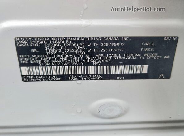 2T3RFREV3GW535649 2016 TOYOTA RAV4 White Вид наклейки з VIN-кодом