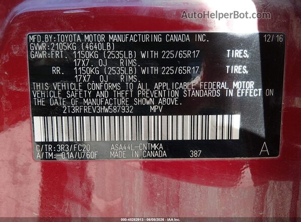 2T3RFREV3HW587932 2017 TOYOTA RAV4 Red Engine compartment view