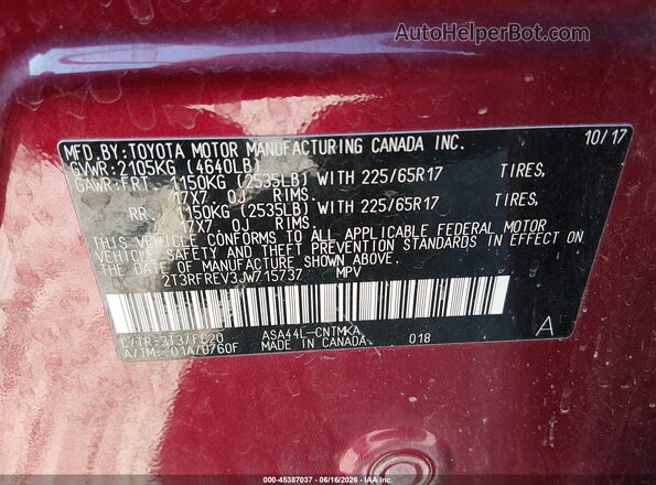 2T3RFREV3JW715737 2018 TOYOTA RAV4 Red Вид підкапотного простору