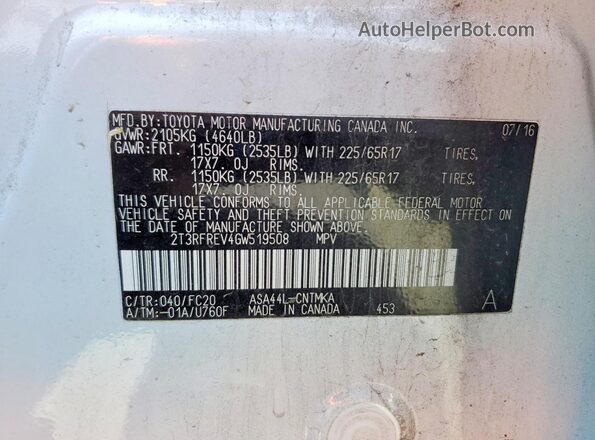 2T3RFREV4GW519508 2016 TOYOTA RAV4 White VIN կոդի պիտակի տեսք