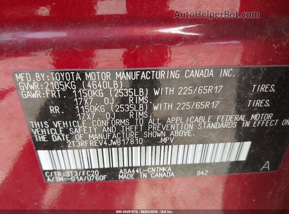 2T3RFREV4JW817810 2018 TOYOTA RAV4 Red Շարժիչի բաժամունքի տեսք
