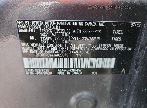 2T3RFREV4JW823879 2018 TOYOTA RAV4 Серый Вид наклейки с VIN-кодом