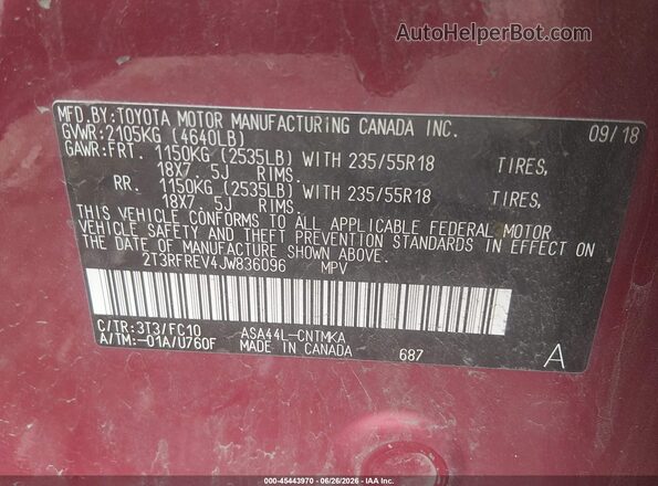 2T3RFREV4JW836096 2018 TOYOTA RAV4 Red Vista del compartimento del motor