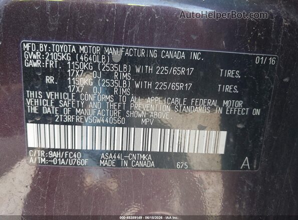 2T3RFREV5GW440560 2016 TOYOTA RAV4 Burgundy Շարժիչի բաժամունքի տեսք