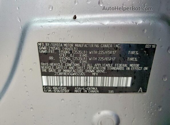2T3RFREV5GW452305 2016 TOYOTA RAV4 Silver Вид підкапотного простору