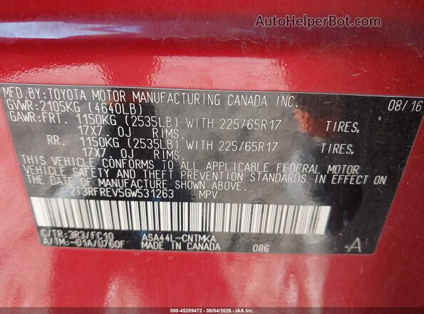 2T3RFREV5GW531263 2016 TOYOTA RAV4 Red Vista del compartimento del motor
