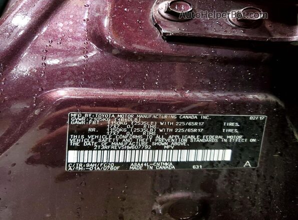 2T3RFREV5HW607792 2017 TOYOTA RAV4 Purple Панорамний вид салону 360°