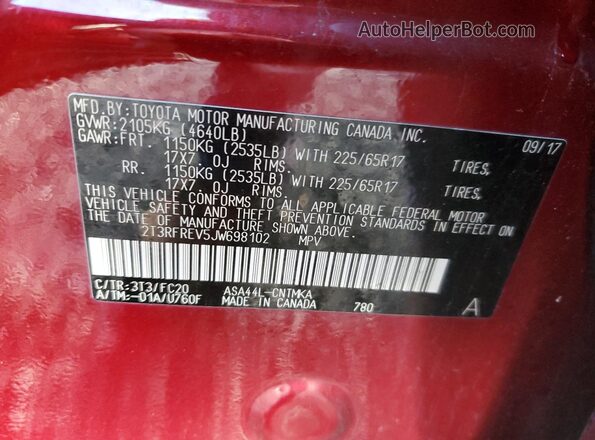 2T3RFREV5JW698102 2018 TOYOTA RAV4 Burgundy VIN sticker view