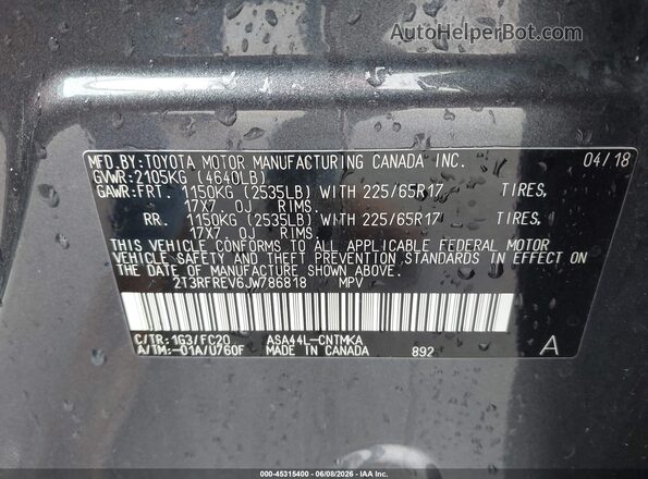2T3RFREV6JW786818 2018 TOYOTA RAV4 Gray Engine compartment view