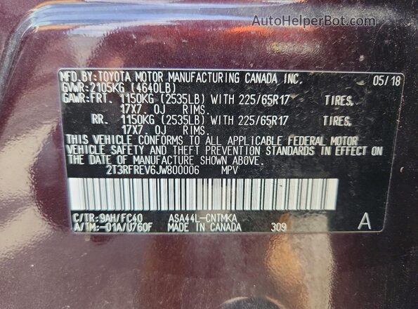 2T3RFREV6JW800006 2018 TOYOTA RAV4 Burgundy 