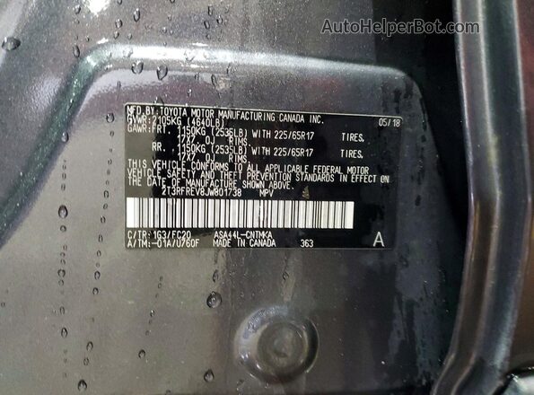2T3RFREV8JW801738 2018 TOYOTA RAV4 Gray VIN կոդի պիտակի տեսք
