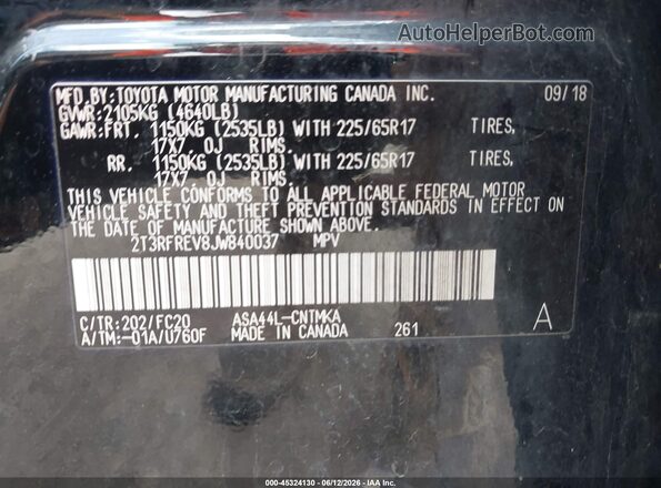 2T3RFREV8JW840037 2018 TOYOTA RAV4 Black Շարժիչի բաժամունքի տեսք