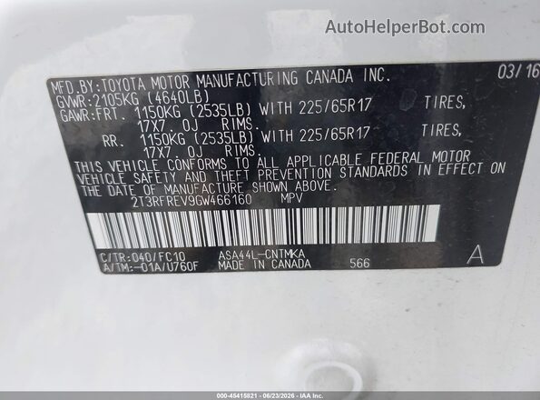 2T3RFREV9GW466160 2016 TOYOTA RAV4 White Շարժիչի բաժամունքի տեսք