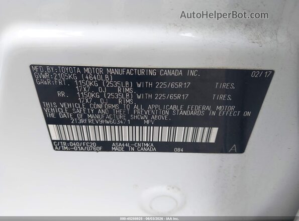 2T3RFREV9HW603471 2017 TOYOTA RAV4 White ძრავის განყოფილების ხედი