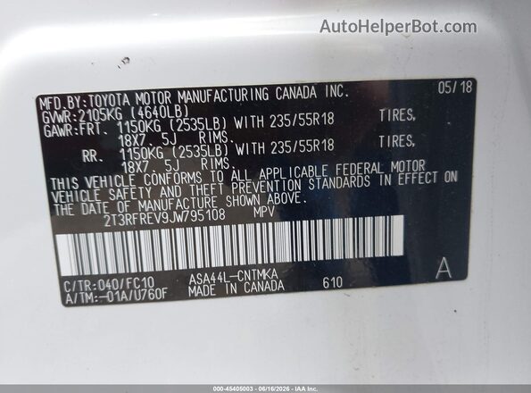 2T3RFREV9JW795108 2018 TOYOTA RAV4 White Շարժիչի բաժամունքի տեսք