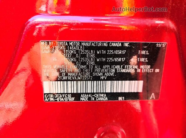 2T3RFREVXJW722572 2018 TOYOTA RAV4 Red VIN sticker view