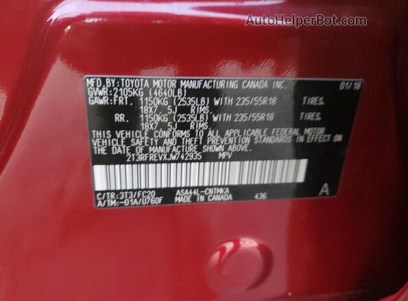2T3RFREVXJW742935 2018 TOYOTA RAV4 Burgundy VIN sticker view