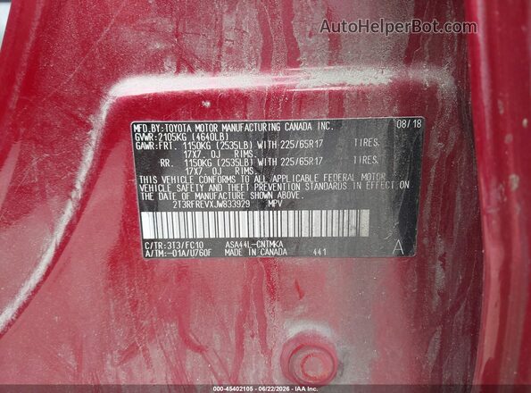 2T3RFREVXJW833929 2018 TOYOTA RAV4 Red ძრავის განყოფილების ხედი