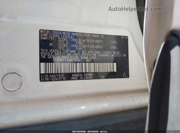 2T3RWRFV1KW025694 2019 TOYOTA RAV4 HYBRID White Вид підкапотного простору