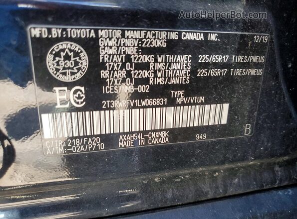 2T3RWRFV1LW066831 2020 TOYOTA RAV4 Black VIN კოდის სტიკერის ხედი