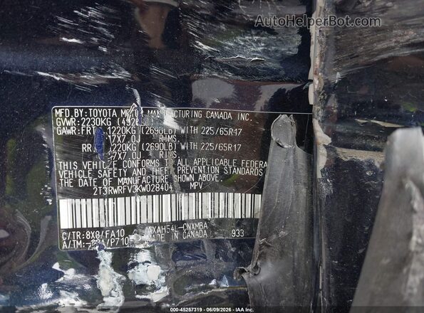 2T3RWRFV3KW028404 2019 TOYOTA RAV4 HYBRID Blue Вид підкапотного простору