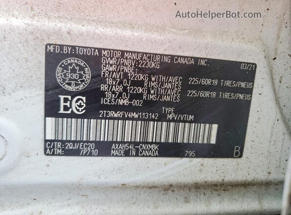 2T3RWRFV4MW113142 2021 TOYOTA RAV4 White 360 interior view