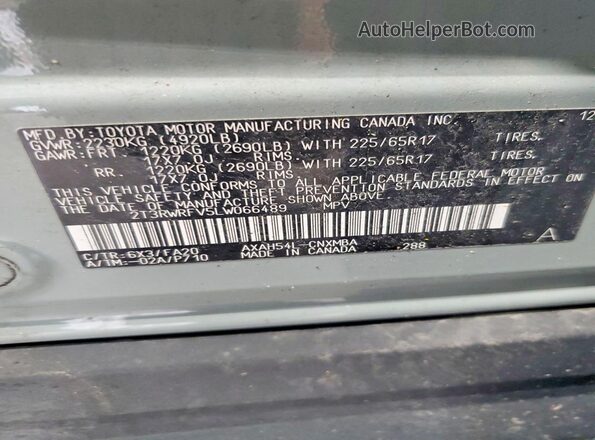 2T3RWRFV5LW066489 2020 TOYOTA RAV4 Green VIN კოდის სტიკერის ხედი
