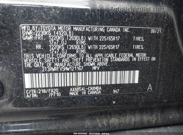 2T3RWRFV5MW121167 2021 TOYOTA RAV4 HYBRID Black Շարժիչի բաժամունքի տեսք