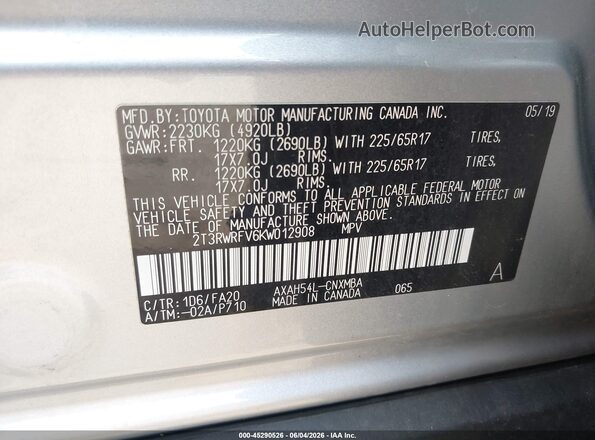 2T3RWRFV6KW012908 2019 TOYOTA RAV4 HYBRID Silver Engine compartment view